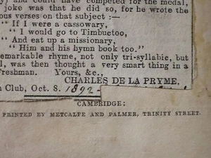 1840 CAMBRIDGE PREISGEDICHTE / ANMERKUNG / CHARLES DE LA PRYME: BEZIEHUNG ZU MR. THACKERAY - Bild 1 von 12