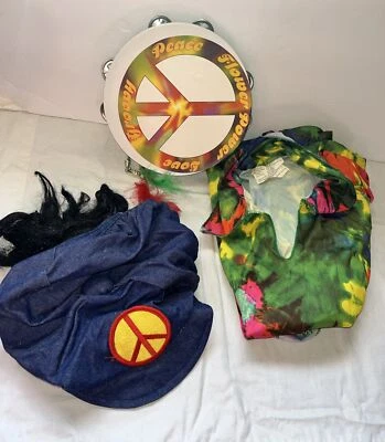 60's Hippie Flower Child Disco Cosplay Halloween Costume Hat Shirt/Top Tamborine - Image 1 of 4