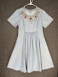 CMC Color Me Cotton Denim Dress Women’s XS Hand Painted Roses Full Skirt 90s VTG - Picture 1 of 24
