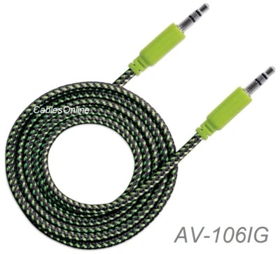 Cable de audio trenzado TRS estéreo de 6 pies 3,5 mm macho a macho, negro/verde, 352857 Foto 1 de 3