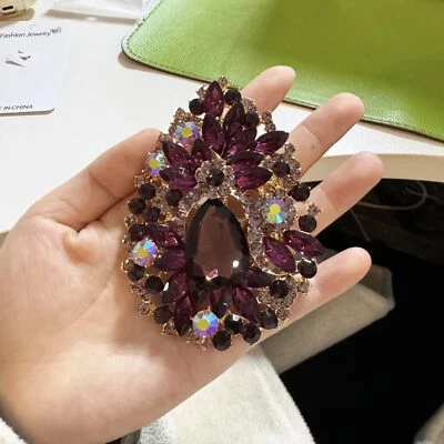 Vintage-Inspired Luxurious Purple Glass Brooch Pin with Colorful Gemstones  - Image 1 of 4