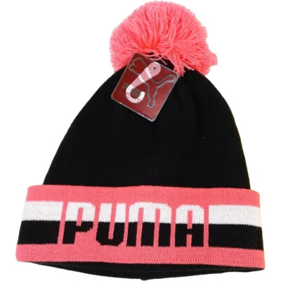 Puma NIÑOS Marca Rayas Puños Calentamiento Tejido Pom Gorro Gorra Sombrero Negro/Rosa Nuevo con Etiquetas Foto 1 de 3