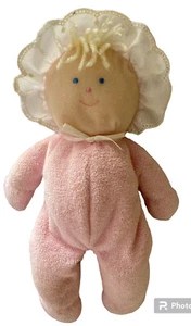 Vintage Eden Baby Doll Girl Pink Terrycloth Blonde Yarn Hair Plush Lovey Gingham - Picture 1 of 13