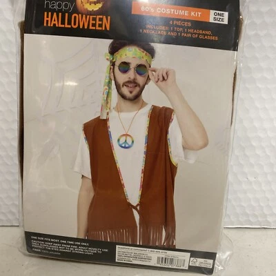 Hippie 4 Piece Adult Costume 60s Woodstock Vest Headband Necklace & Glasses - Image 1 of 4