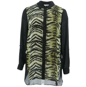 SUSAN GRAVER $51 Printed & Solid Georgette Long Sleeve Button Front Top-Olive- - Picture 1 of 5
