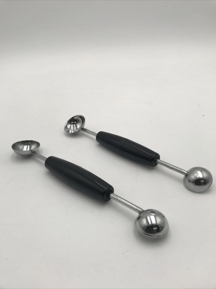 2 bolas de melón EKCO de colección mango negro cabezas dobles 3/4" 1 1/4" cucharada de bola EE. UU. Foto 1 de 4