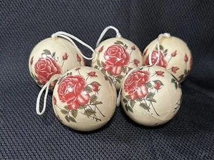 VTG Victorian Style Paper Maché Ball Christmas Ornaments Set Of 5 Roses Design - Picture 1 of 16