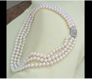 Genuine Three-Strand natural AAA 8-9 mm akoya white pearl necklace 18” - Picture 1 of 4