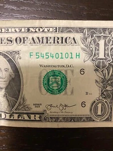 2013 series a $1 Bill With Rare Serial Number 54-54-01-01 - Picture 1 of 3