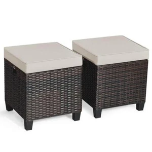 FORCLOVER Ottoman 18"x16"x16" Wicker Steel Frame w/Khaki Cushion Outdoor (2Pack) - Picture 1 of 4