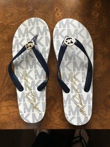 Michael Kors Jet Set Flip Flop Sandalen marineblau weiß gold MK Logo US W Größe 10 - Bild 1 von 7