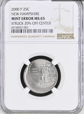 2000 P New Hampshire 25¢ NGC Mint Error MS 65 Off Center Box 29 Slot 8 - Image 1 of 2
