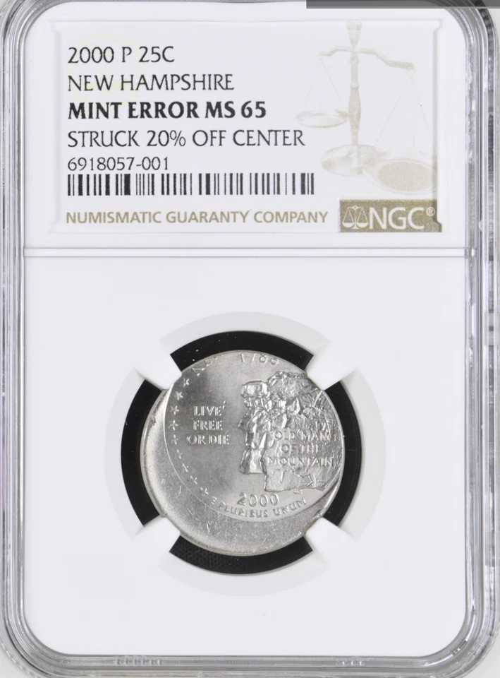 2000 P New Hampshire 25¢ NGC Mint Error MS 65 Off Center Box 29 Slot 8 - Image 1 of 2