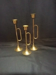 Vintage Messing Französisch Horn Kegel Kerzenständer Halter, 3er Set, 7" T, 8" T & 9,25" - Bild 1 von 5