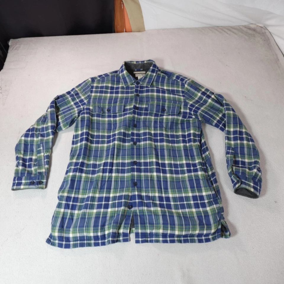 LL Bean Flannel Shirt Jacket Mens L Tall Blue Plaid Fleece Lined Shacket Outdoor - Image 1 of 4
