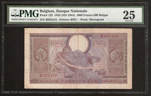 BELGIO 1000 Franchi = 200 Belgas 1943 P:125 VF (25 PMG) - Foto 1 di 2