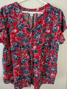 Liz Claiborne OX Red White Blue Floral SS Partial Button Popover Rayon Blouse - Picture 1 of 5