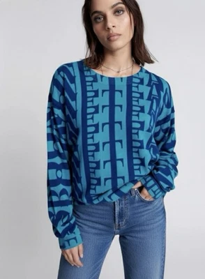NWT One Teaspoon On Repeat Sweater Oversized Cozy Graphic Teal Blue Size SMALL - Image 1 of 4
