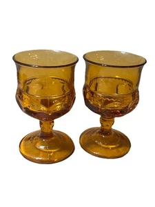 Two Amber Juice Goblets Drinking Glasses Indiana Glass Stem Brown Round Base - Picture 1 of 8
