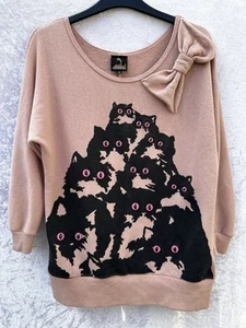 Pretty Snake Crazy Kitty Sweater S Rare US Designer Pink Cats Googly Eyes Cotton - Picture 1 of 9