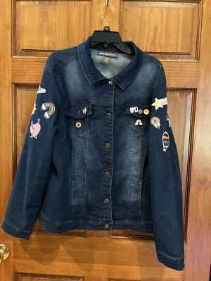 Chaqueta vaquera con parches para mujer talla grande 20 azul lavado oscuro Jean Denim Foto 1 de 4