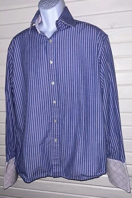 Camisa De Colección Robert Graham Talla GRANDE Azul Punk Rayas Puños Franceses Algodón Usada en Excelente Condición Foto 1 de 4
