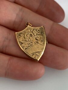 9ct gold engraved shield locket pendant, Victorian 9k 375