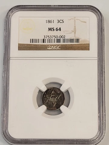 1861 3 CENT SILVER TRIME ✪ NGC MS64 ✪ 3C RARE U.S. COIN TYPE-3 Cover