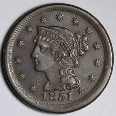 1851 cabelo trançado centavo grande UNC *NÃO CIRCULADO* MS E204 TCFA - Imagem 1 de 2