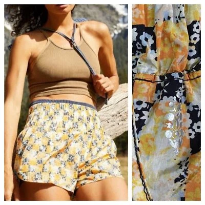 Free People FP Movement Yellow Black Floral Check The Way Home Shorts - Image 1 of 4