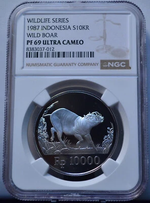 1987 10000 RUPIAH INDONESIA WWF WILD BOAR NGC PF69 ULTRA CAMEO SILVER PROOF COIN - Image 1 of 4