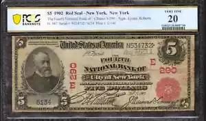 1902 RS $5 FOURTH NATIONAL BANKNOTE CURRENCY NEW YORK NY PCGS B VERY FINE VF 20 - Picture 1 of 2