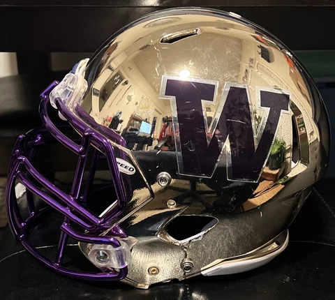 Game Worn Washington Huskies Metallic Chrome Football Helmet Full Size FREE SHIP Cover