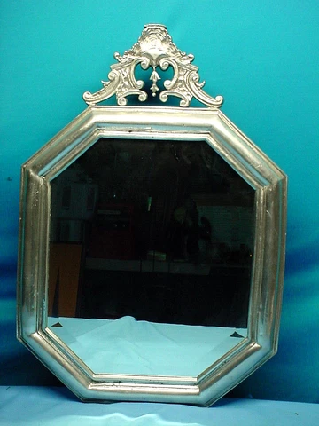 27" Victorian Wall Mirror Crested Beveled Silver Metal Frame Marshall Field Deco Cover