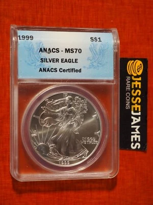 American Silver Eagle Anacs MS70 1999 $1 etiqueta azul Foto 1 de 2