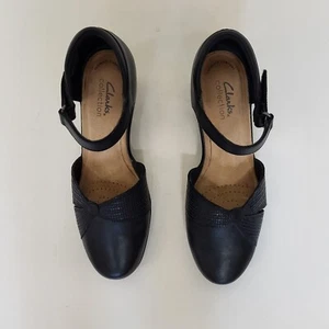 Clarks Womens Emily Rae Black Leather 8 Pump Adjustable Ankle Comfort - Picture 1 of 10