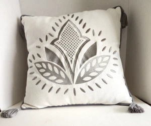 Gray & White Satin-Embroidered Decorative Pillow with Tassels 17x17 - Picture 1 of 2