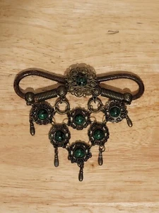 Vintage Brass Tone and Faux Green and Black Stone Hair Barrette Without Stick - Picture 1 of 5