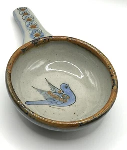 VTG Tonala Mexico Pottery Ken Edwards Stoneware Soup Bowl w/Handle Blue Bird SEE - Picture 1 of 11