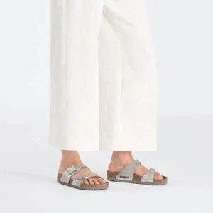 BIRKENSTOCK Sydney Vegan Washed Metallic Silver Sandals Sz 7.-7.5 Minimalist - Picture 1 of 14