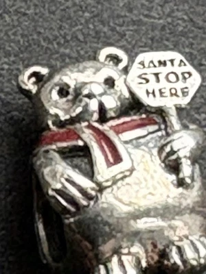 PANDORA 925 STERLING SILVER ''SANTA STOP HERE'' TEDDY BEAR  BRACELET CHARM - Image 1 of 4