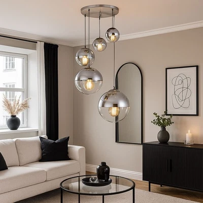 Lampada a Sospensione Luce Sala da Pranzo 5 Fiamma Sfere Cromo LED 150 CM - Immagine 1 di 4