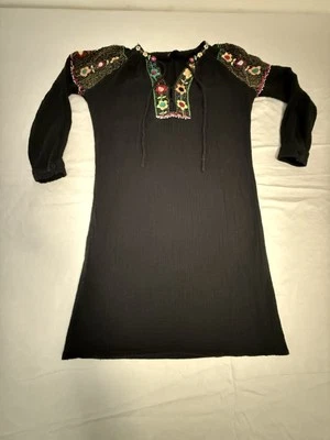 Antik Batik Small Boho Floral Embroidered Shirt Dress Black Multicolor Comfort - Image 1 of 4