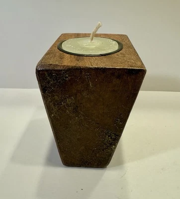 Rustic wooden cube votive candle holder with metal insert. - Image 1 of 4