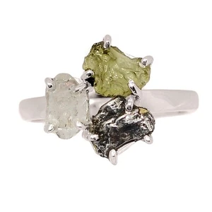Natural Genuine Czech Moldavite & Herkimer Diamond 925 Silver Ring s.8 CR75075 - Picture 1 of 1