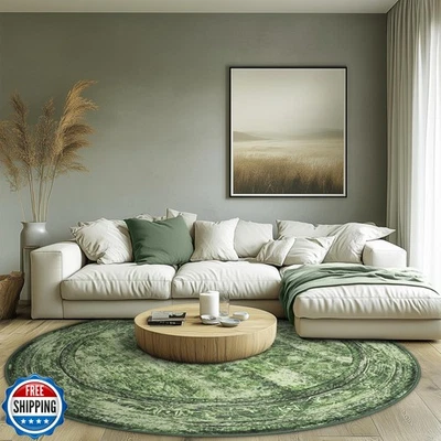 6ft Round Rug Green – Boho Rug, Low Pile, Non-Slip, Machine Washable Circle R - Image 1 of 4