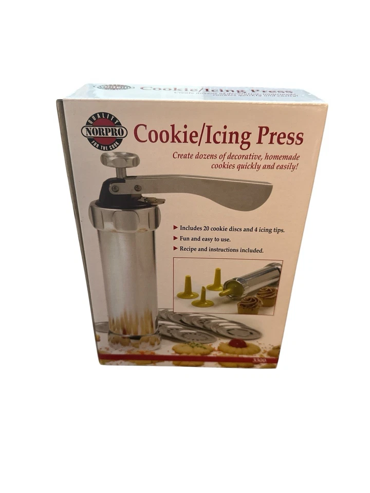 Prensa para galletas/hielo Norpro 3300 (4) puntas para glaseado (19) discos para galletas caja abierta nueva Foto 1 de 4