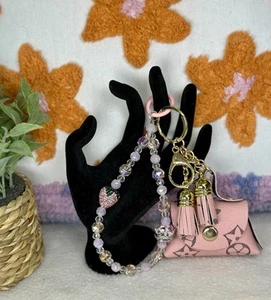 Pink Patterned Designed Purse & Phone Chain Strap Bag Charm Fancy Acrylic Bead - Picture 1 of 7