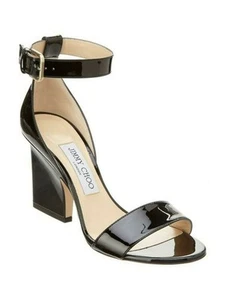 JIMMY CHOO Womens Black Edina Round Toe Sculpted Heel Leather Sandals Shoes 37.5 - Picture 1 of 9