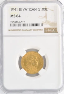 1941/III Vatican City Pope Pius XII .900 Fine Gold 100 Lire Coin NGC Graded MS64 - Picture 1 of 2